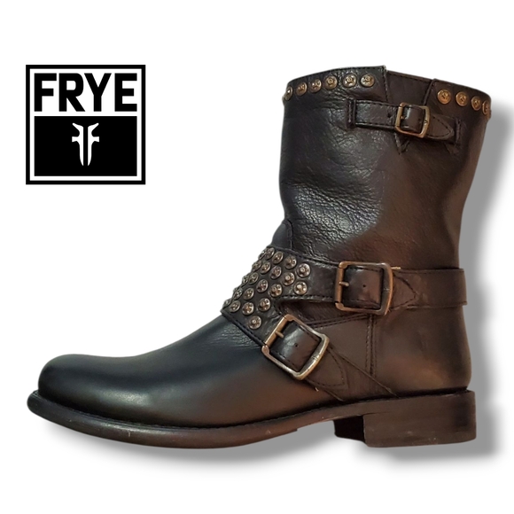 Frye Shoes - FRYE JENNA Black Leather Studded Ankle Moto Engineer Biker Boots Women's Size 10